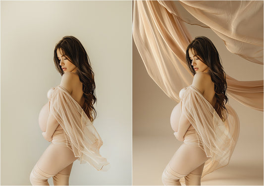 a beautiful pregnant woman with a beige flowing outfit on a cream colored backdrop with a beige flowing fabric overlay