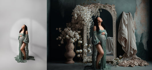 a beautiful pregnant woman with a sage lace gown photographed on a white seamless paper backdrop and an image using a boho mirror digital backdrop