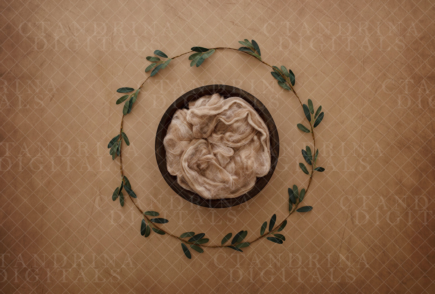 Green Leaf Wreath with Wooden Bowl Newborn Digital Backdrop