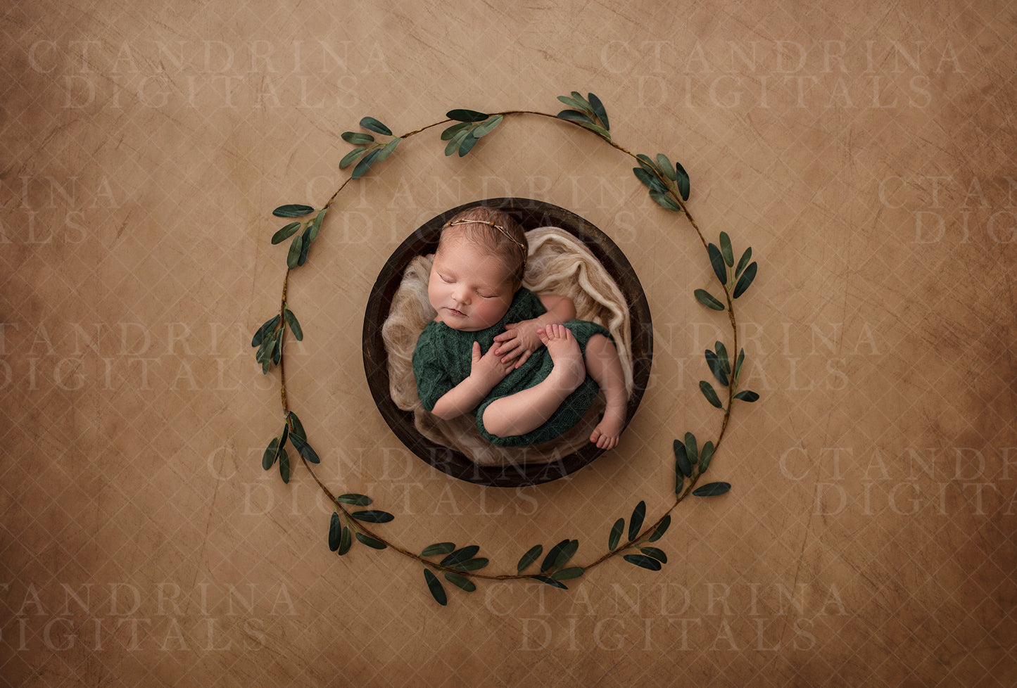 Green Leaf Wreath with Wooden Bowl Newborn Digital Backdrop