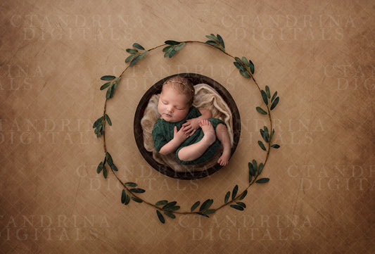 Green Leaf Wreath with Wooden Bowl Newborn Digital Backdrop