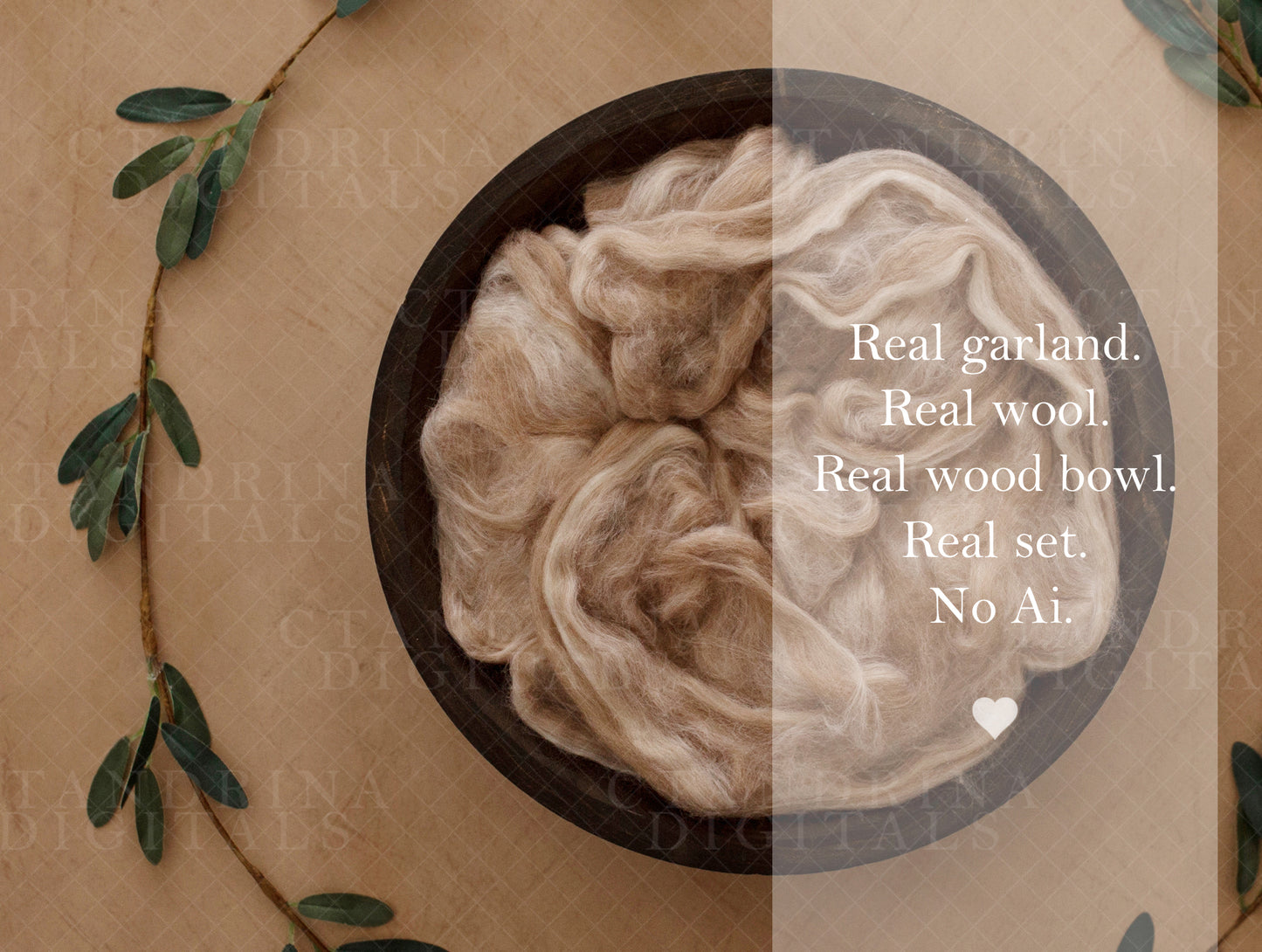 Green Leaf Wreath with Wooden Bowl Newborn Digital Backdrop