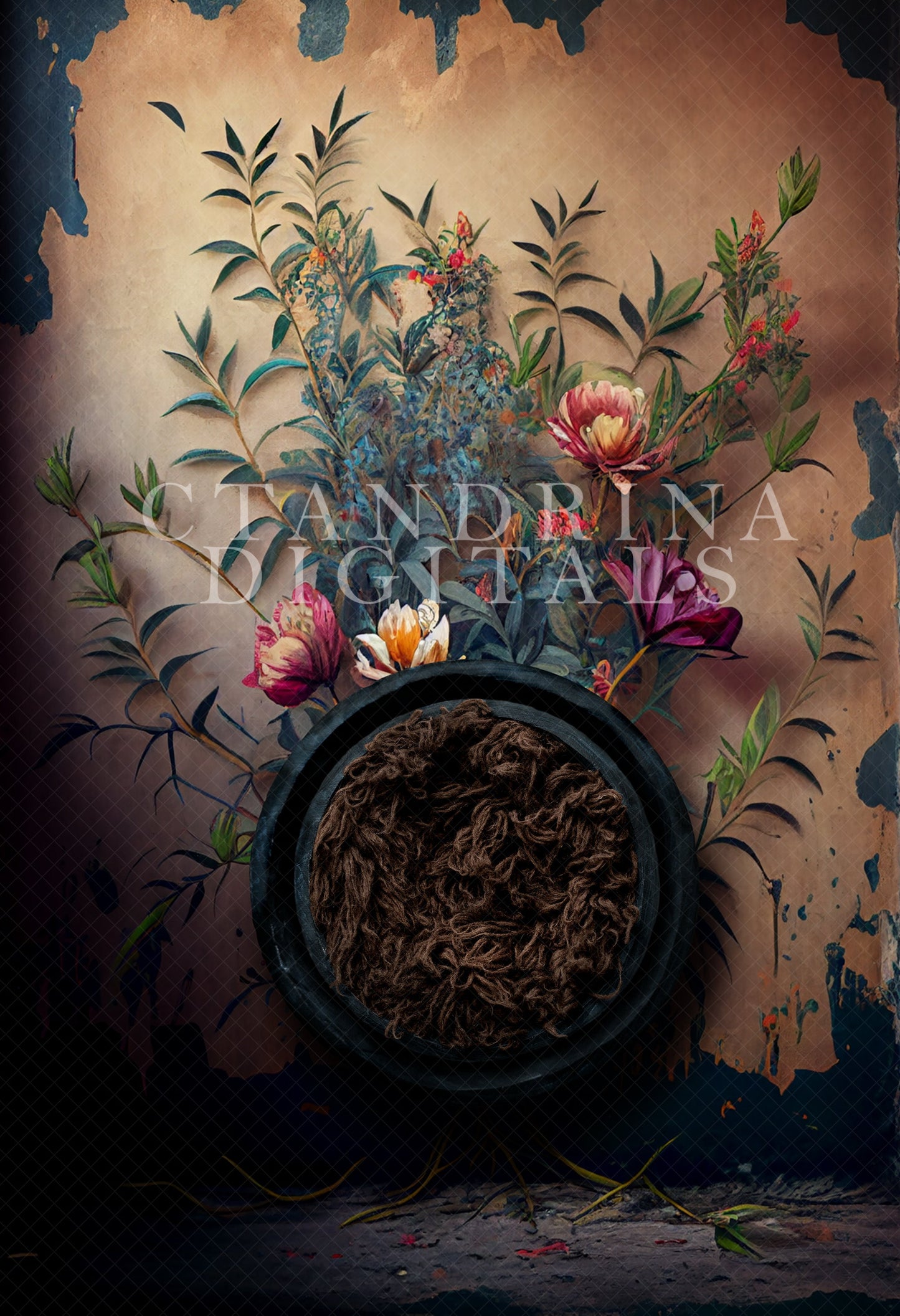 Painted Floral Wall Newborn Digital Backdrop