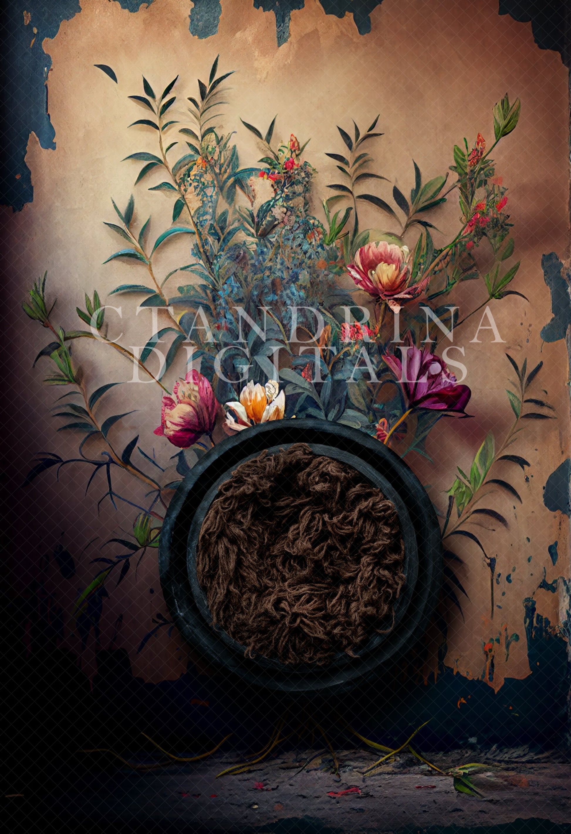 Painted Floral Wall Newborn Digital Backdrop