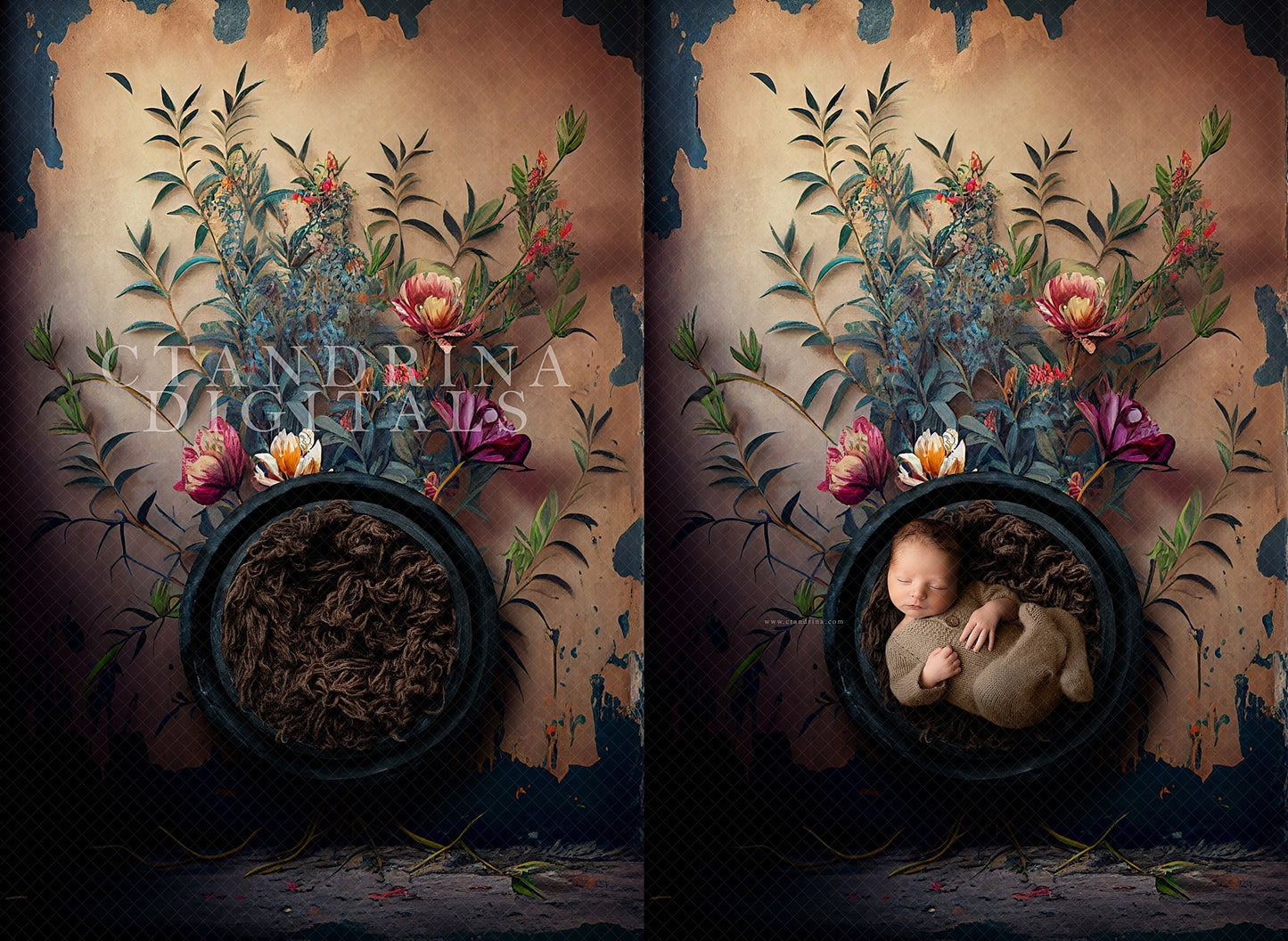 Painted Floral Wall Newborn Digital Backdrop