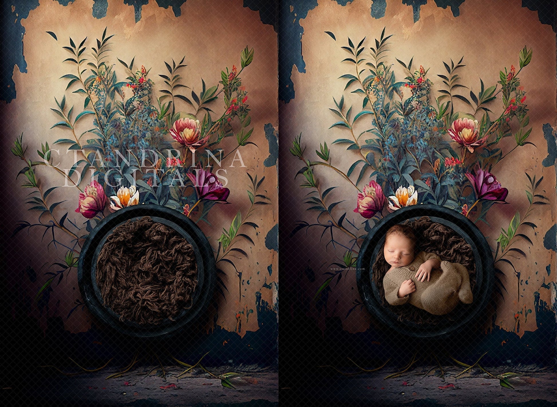 Painted Floral Wall Newborn Digital Backdrop