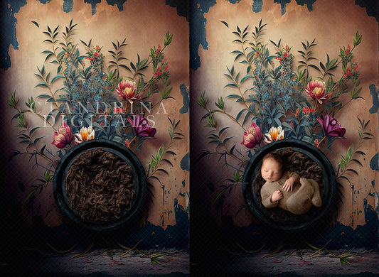 Painted Floral Wall Newborn Digital Backdrop