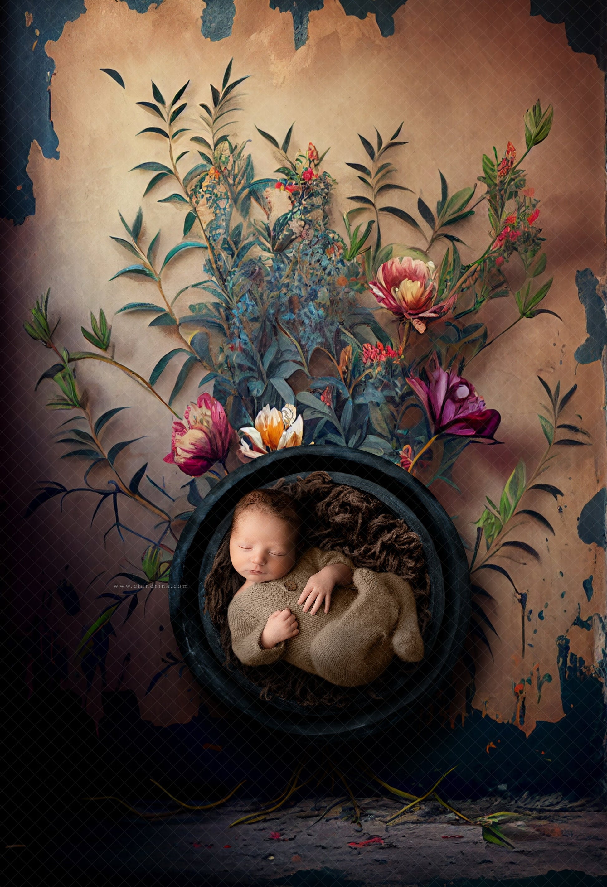 Painted Floral Wall Newborn Digital Backdrop