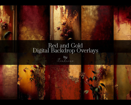 10 photos displaying red and gold textured backdrops, some including floral accent and wooden frames.