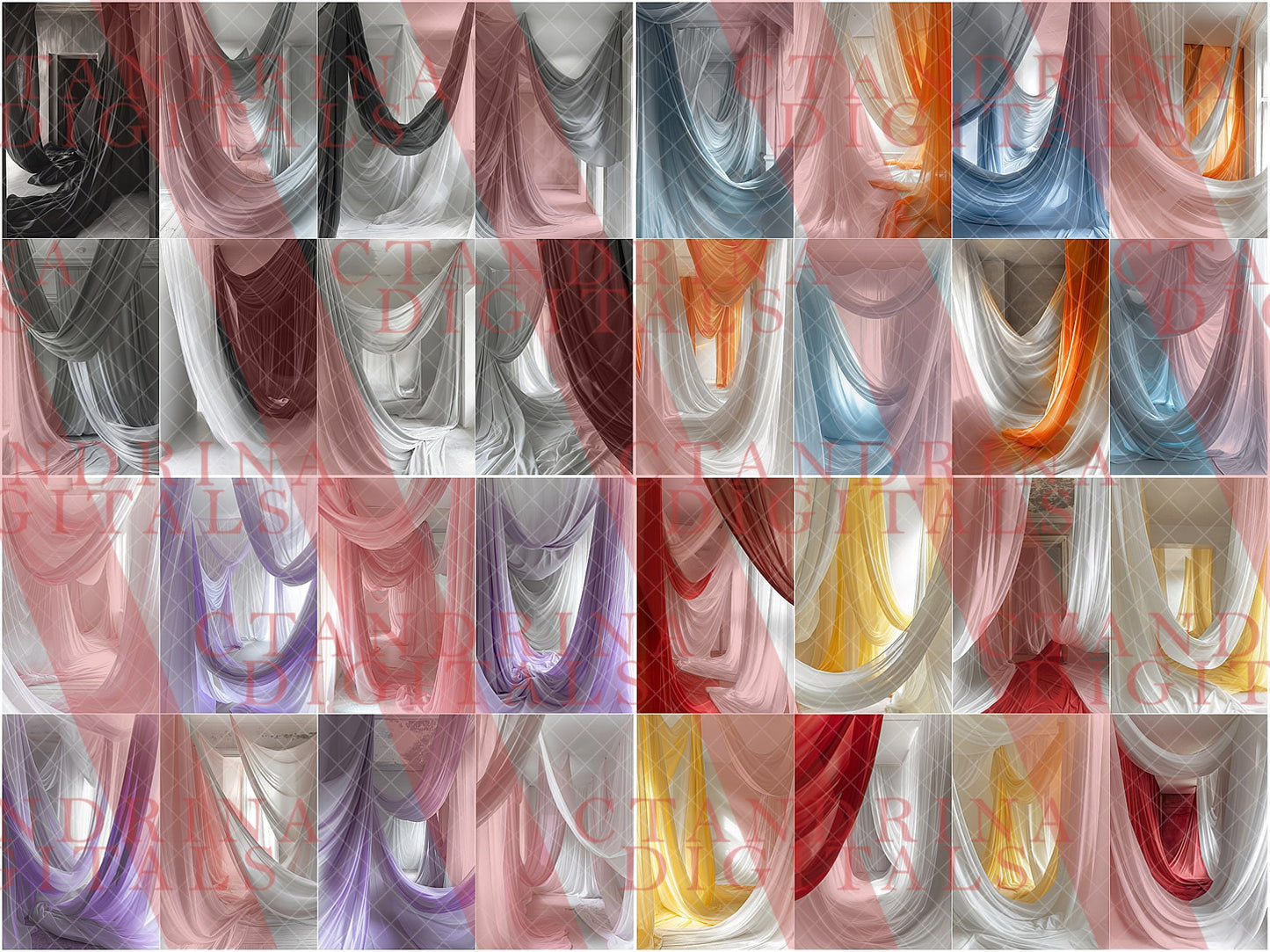 Samples of draped fabric room digital backdrops, red draped fabric, blue draped fabric, pink draped fabric, yellow draped fabric, white draped fabric,rainbow draped fabric