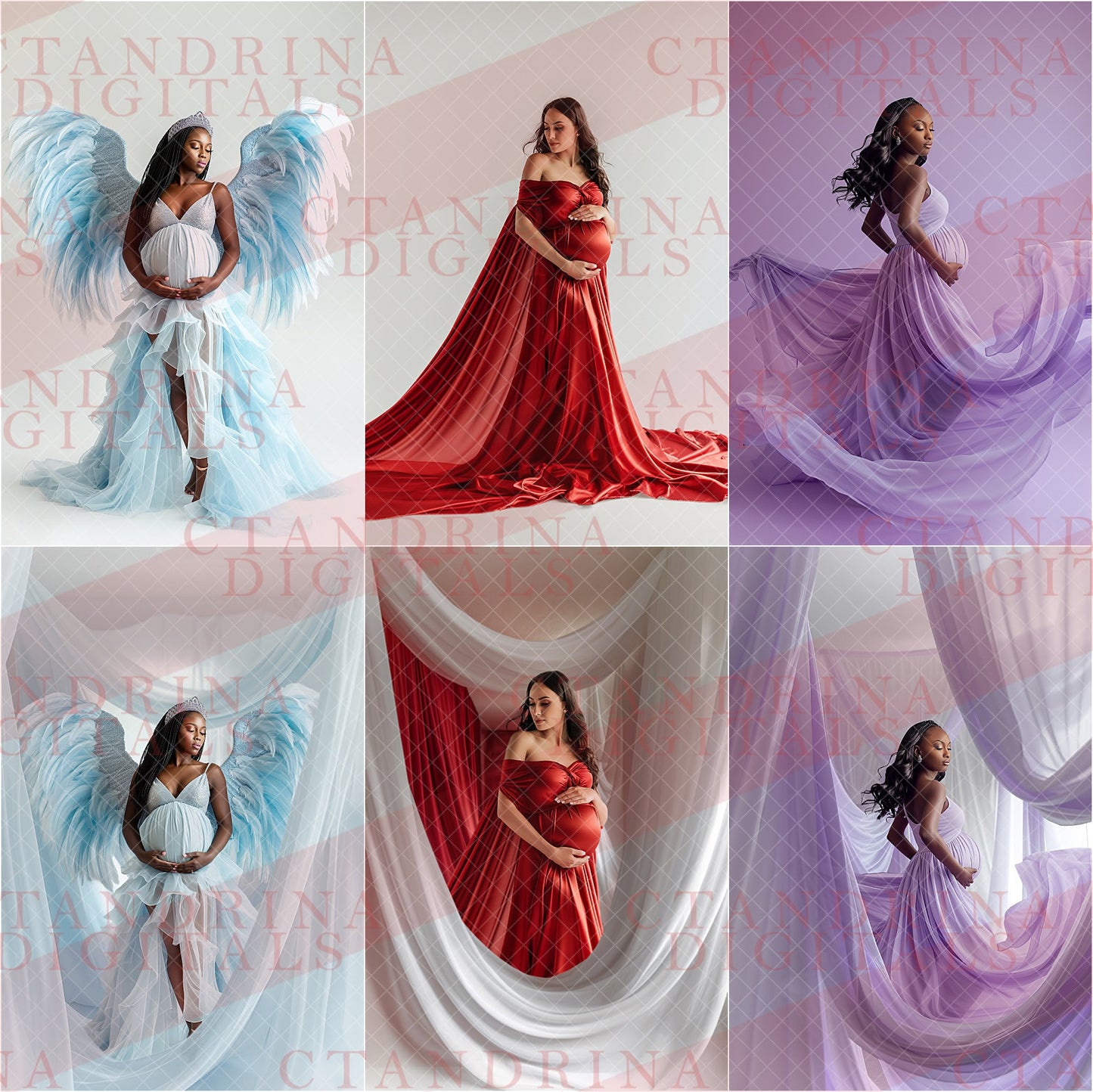 before and after photos of pregnant woman in flowing gowns, on draped fabric studio digital backdrops
