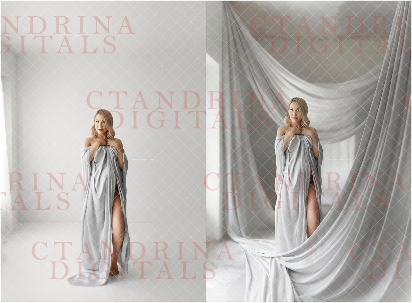 a beautiful pregnant woman draped in gray silk fabric on a draped fabric studio digital backdrop