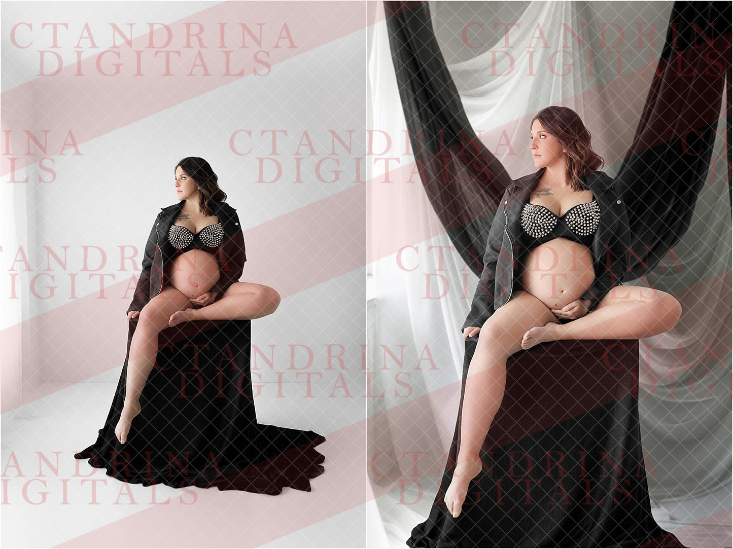 a beautiful pregnant woman draped with a black leather jacket and spiked bra, sitting on a wood posing blocked draped in black silk, on a draped fabric studio digital backdrop