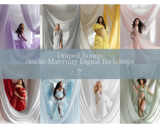 maternity models draped in fabric in rooms surrounded by draped chiffon fabric, luxury studio backdrops