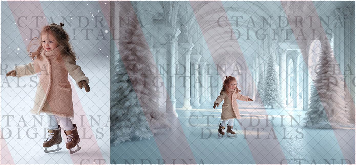 White Christmas Digital Backdrops, White Christmas Rooms Backdrops, White Christmas Skating Rink Digital Backgrounds for Photoshop, Tutorial