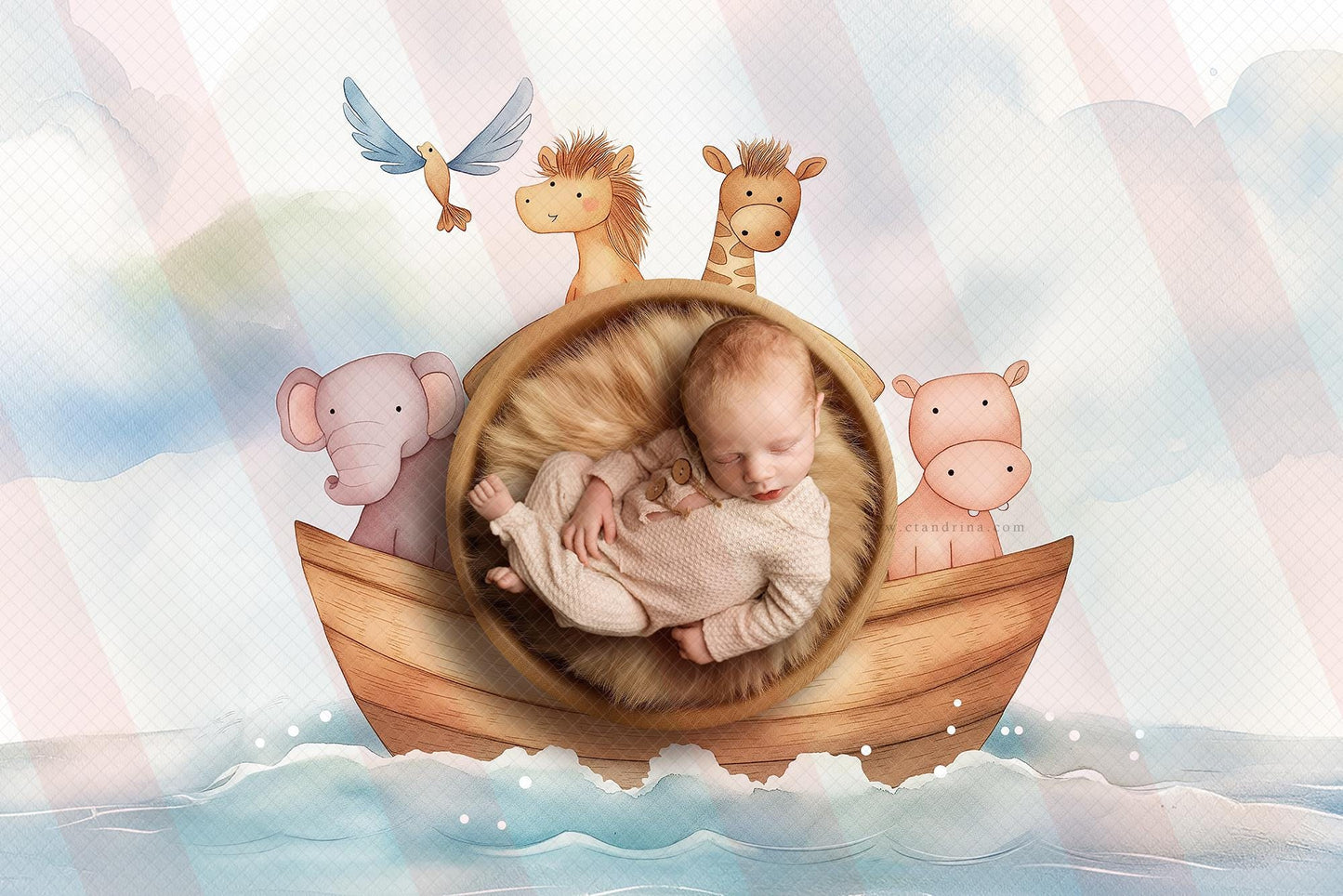 Noah's Ark Newborn Digital Backdrop, Watercolor Animal Ark Baby Background, Biblical Newborn Digital Background, Baby Boy, Baby Girl