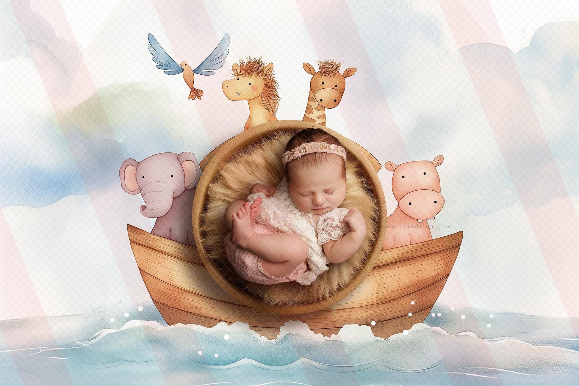 Noah's Ark Newborn Digital Backdrop, Watercolor Animal Ark Baby Background, Biblical Newborn Digital Background, Baby Boy, Baby Girl