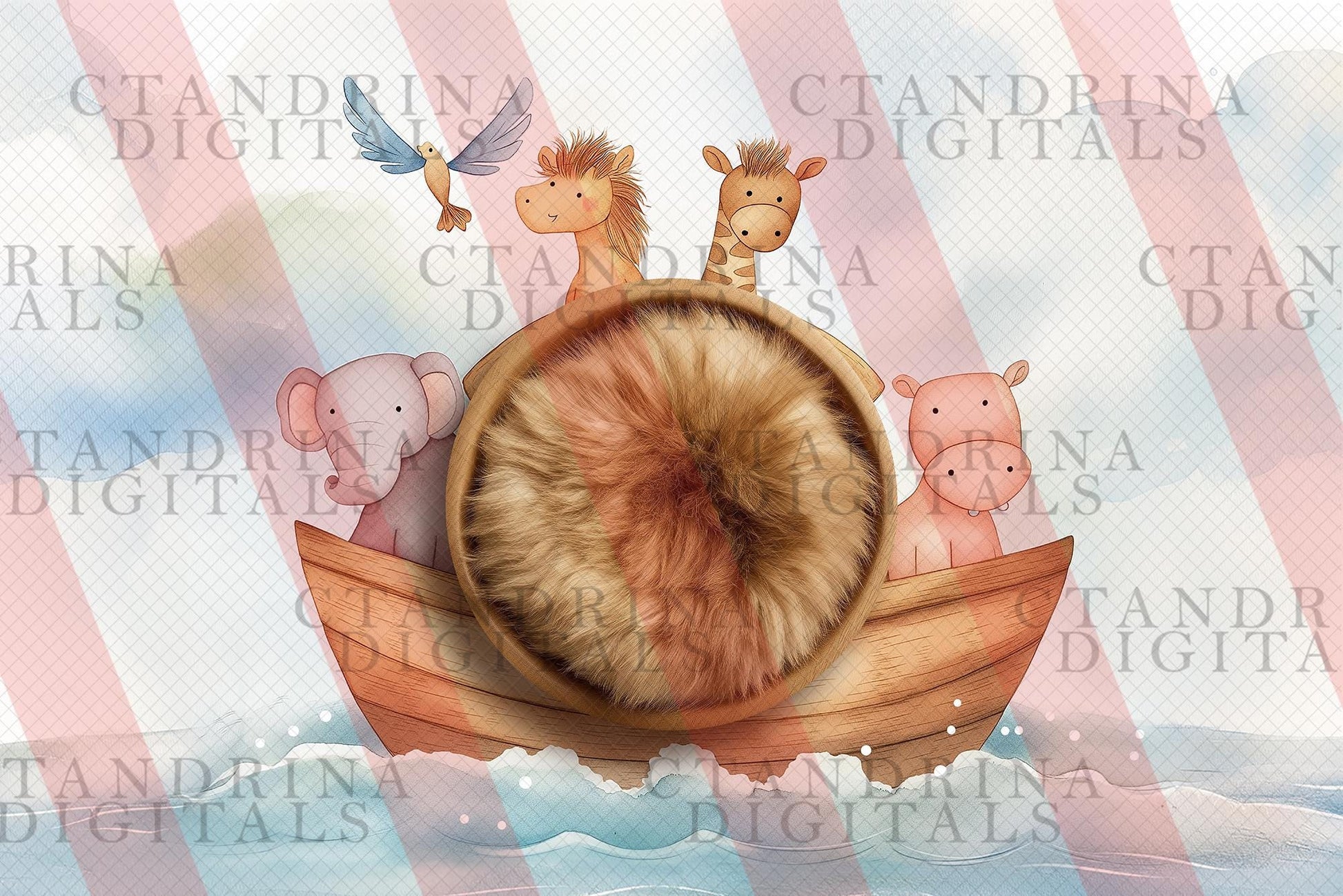 Noah's Ark Newborn Digital Backdrop, Watercolor Animal Ark Baby Background, Biblical Newborn Digital Background, Baby Boy, Baby Girl