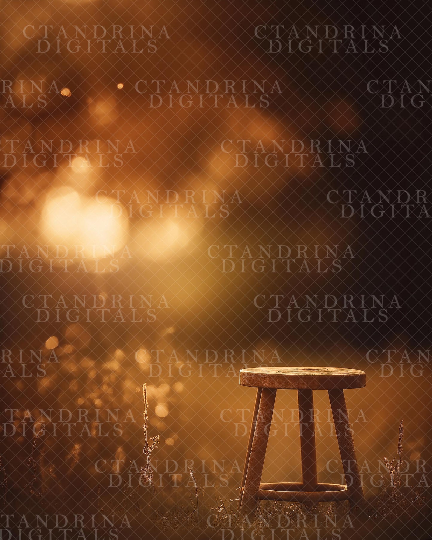 Fall Digital Backdrops, Dreamy Fall Field Backgrounds, Wood Stool Autumn Digitals, Golden Light Backdrops for Photography, Fall Scenes