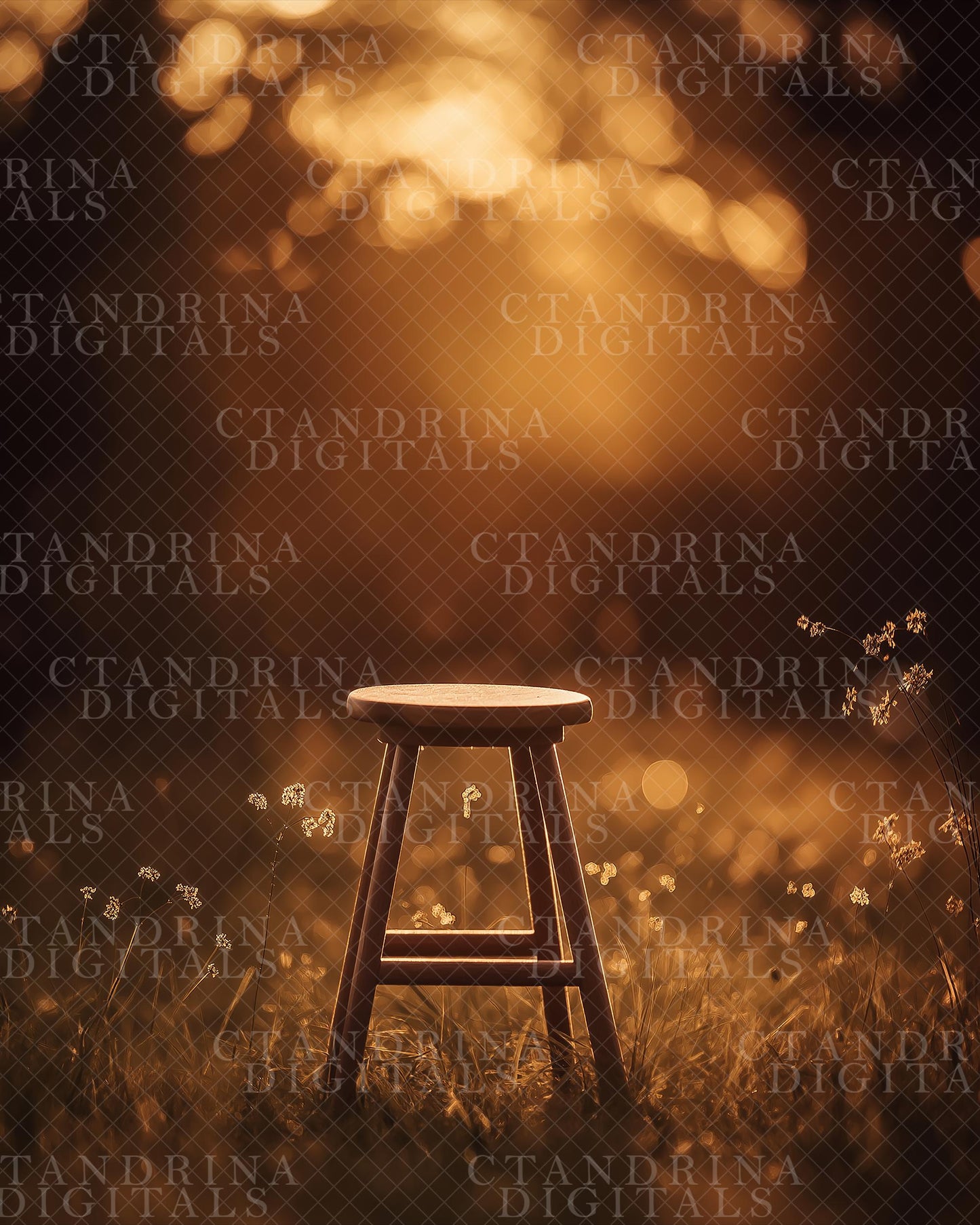 Fall Digital Backdrops, Dreamy Fall Field Backgrounds, Wood Stool Autumn Digitals, Golden Light Backdrops for Photography, Fall Scenes