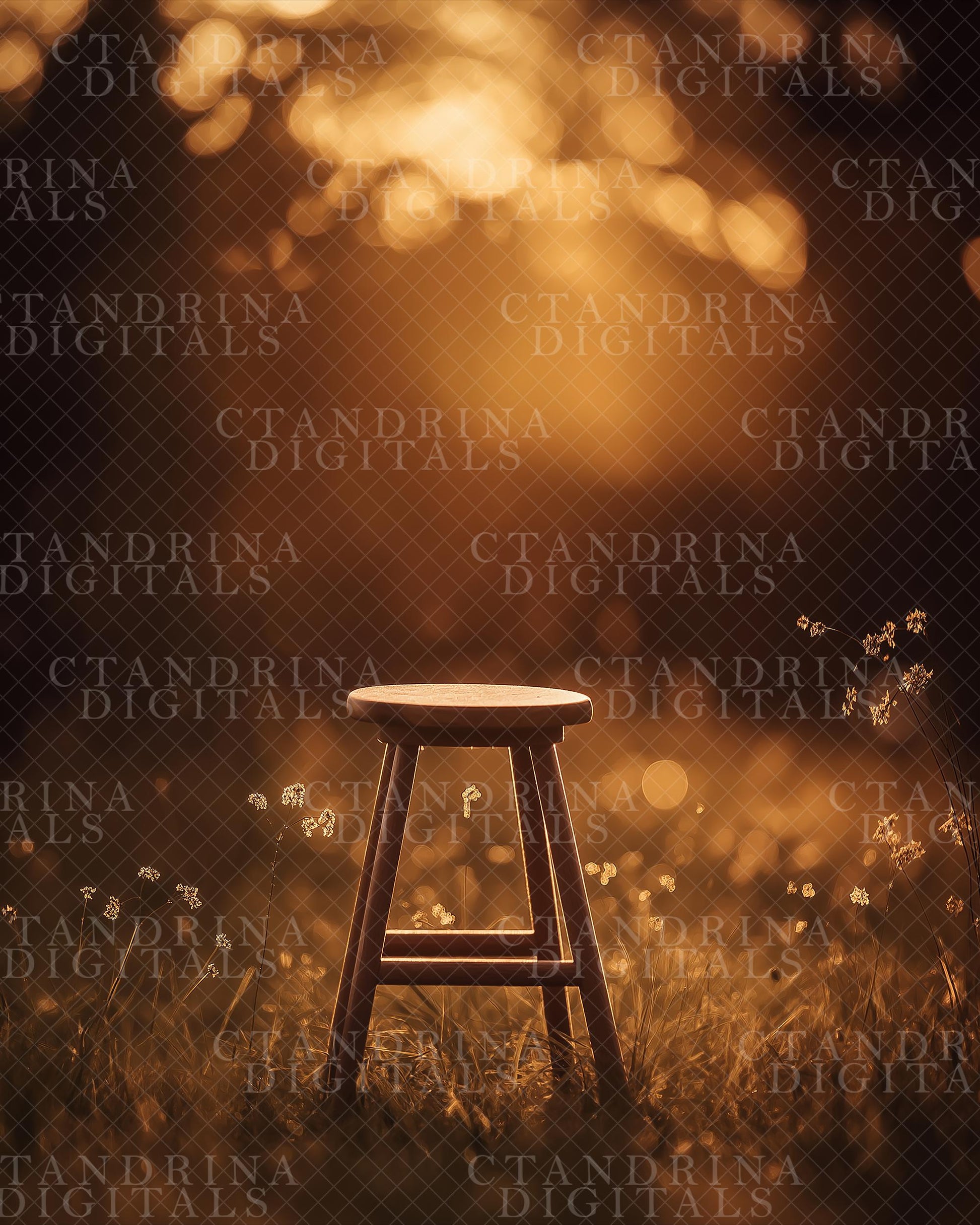 Fall Digital Backdrops, Dreamy Fall Field Backgrounds, Wood Stool Autumn Digitals, Golden Light Backdrops for Photography, Fall Scenes