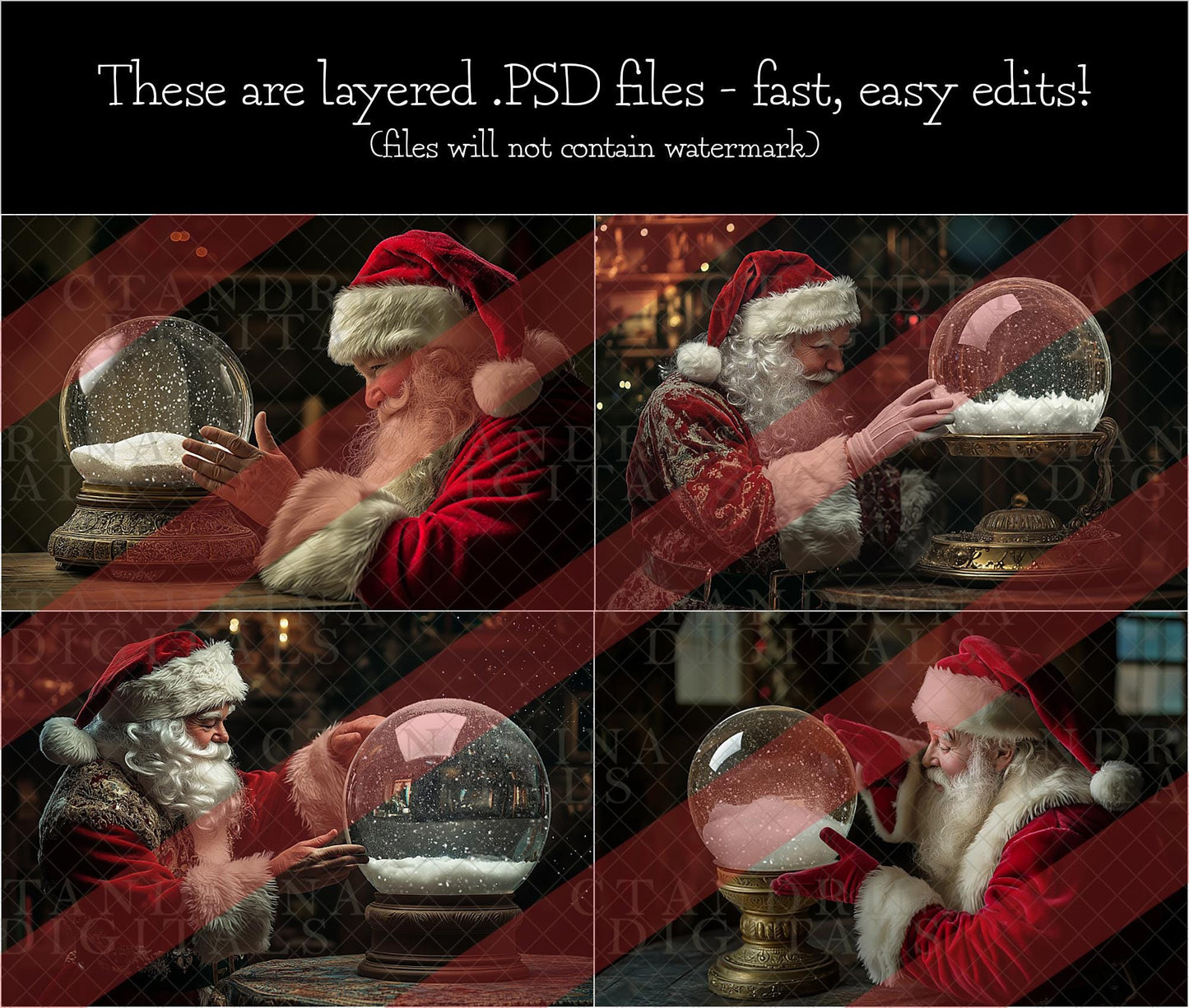 Snow Globe Digital Backdrop Photo Templates, Magical Santa Layered .PSD Photoshop Templates, Santa Snow Globe Christmas Backgrounds