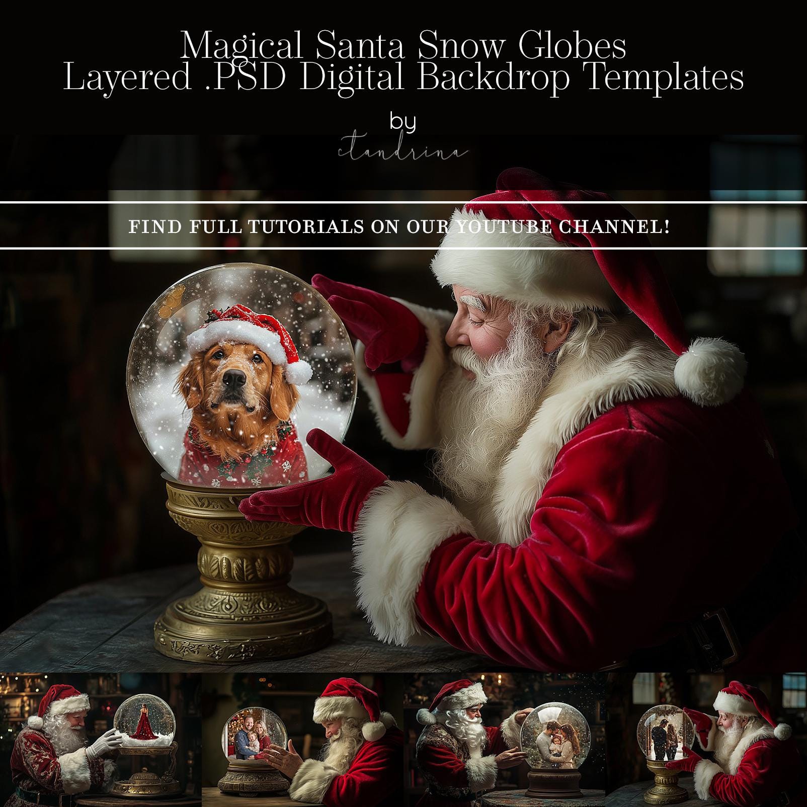 Snow Globe Digital Backdrop Photo Templates, Magical Santa Layered .PSD Photoshop Templates, Santa Snow Globe Christmas Backgrounds