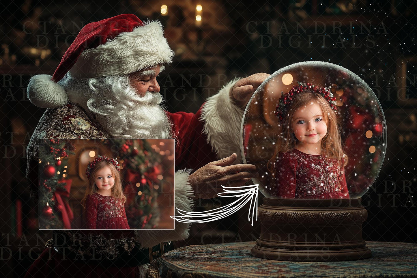 Snow Globe Digital Backdrop Photo Templates, Magical Santa Layered .PSD Photoshop Templates, Santa Snow Globe Christmas Backgrounds