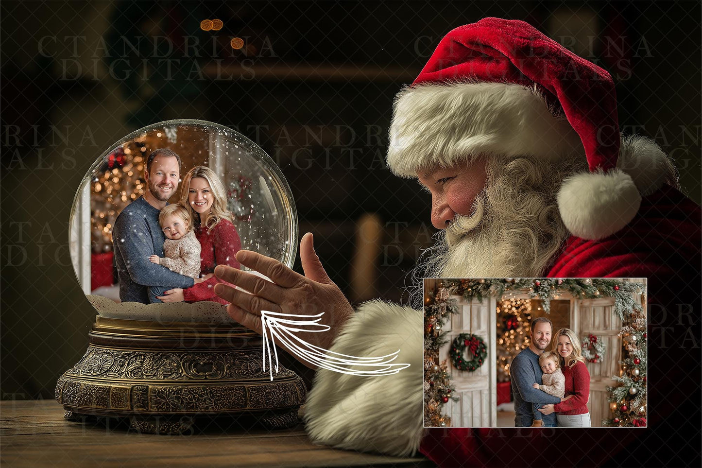 Snow Globe Digital Backdrop Photo Templates, Magical Santa Layered .PSD Photoshop Templates, Santa Snow Globe Christmas Backgrounds