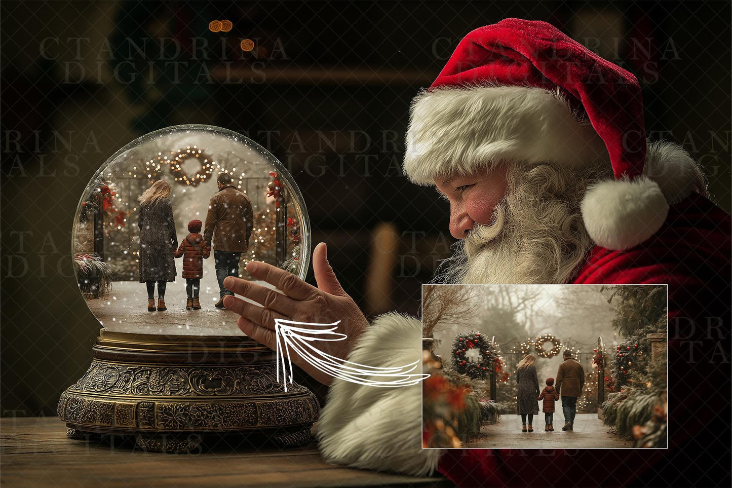Snow Globe Digital Backdrop Photo Templates, Magical Santa Layered .PSD Photoshop Templates, Santa Snow Globe Christmas Backgrounds