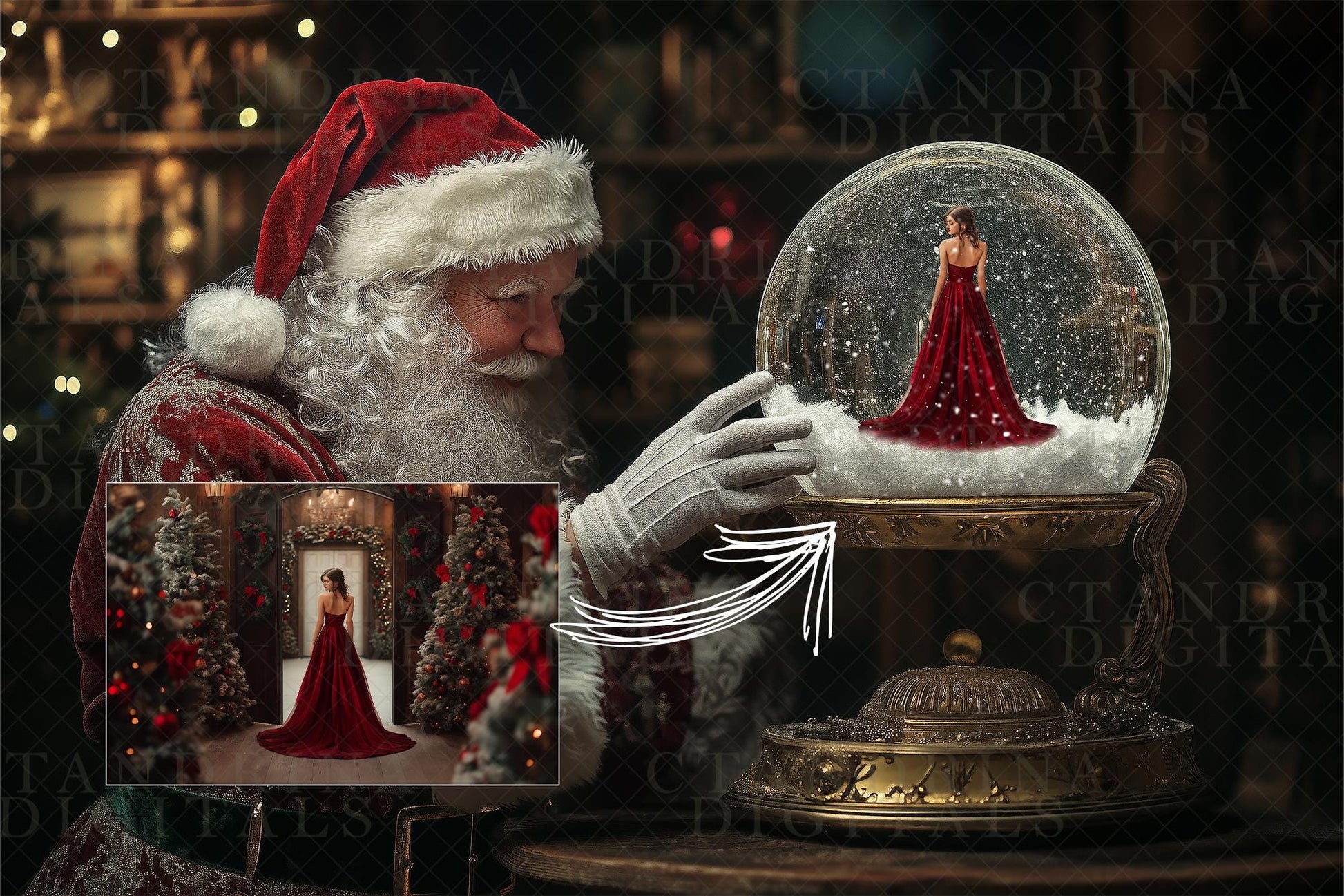Snow Globe Digital Backdrop Photo Templates, Magical Santa Layered .PSD Photoshop Templates, Santa Snow Globe Christmas Backgrounds