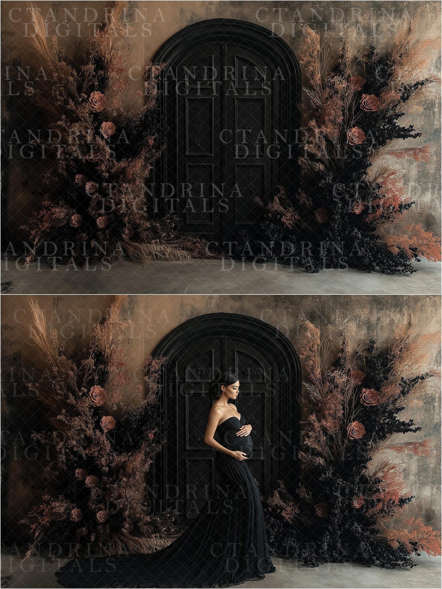 Black Floral Door Frame Digital Backdrops, Dark and Moody Digital Background, Maternity Digital Backdrops, Digital Backdrops for Photography