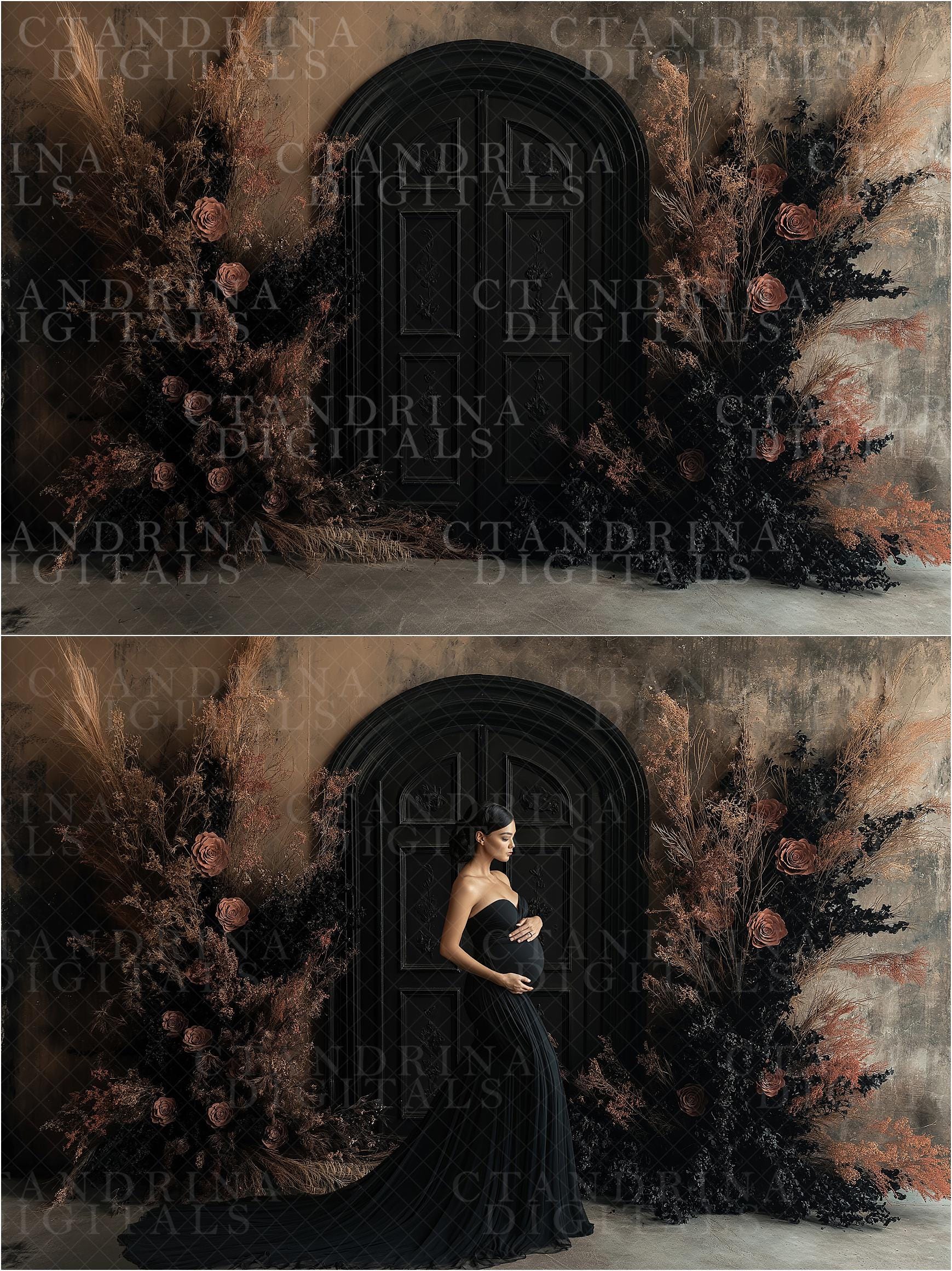 Black Floral Door Frame Digital Backdrops, Dark and Moody Digital Background, Maternity Digital Backdrops, Digital Backdrops for Photography