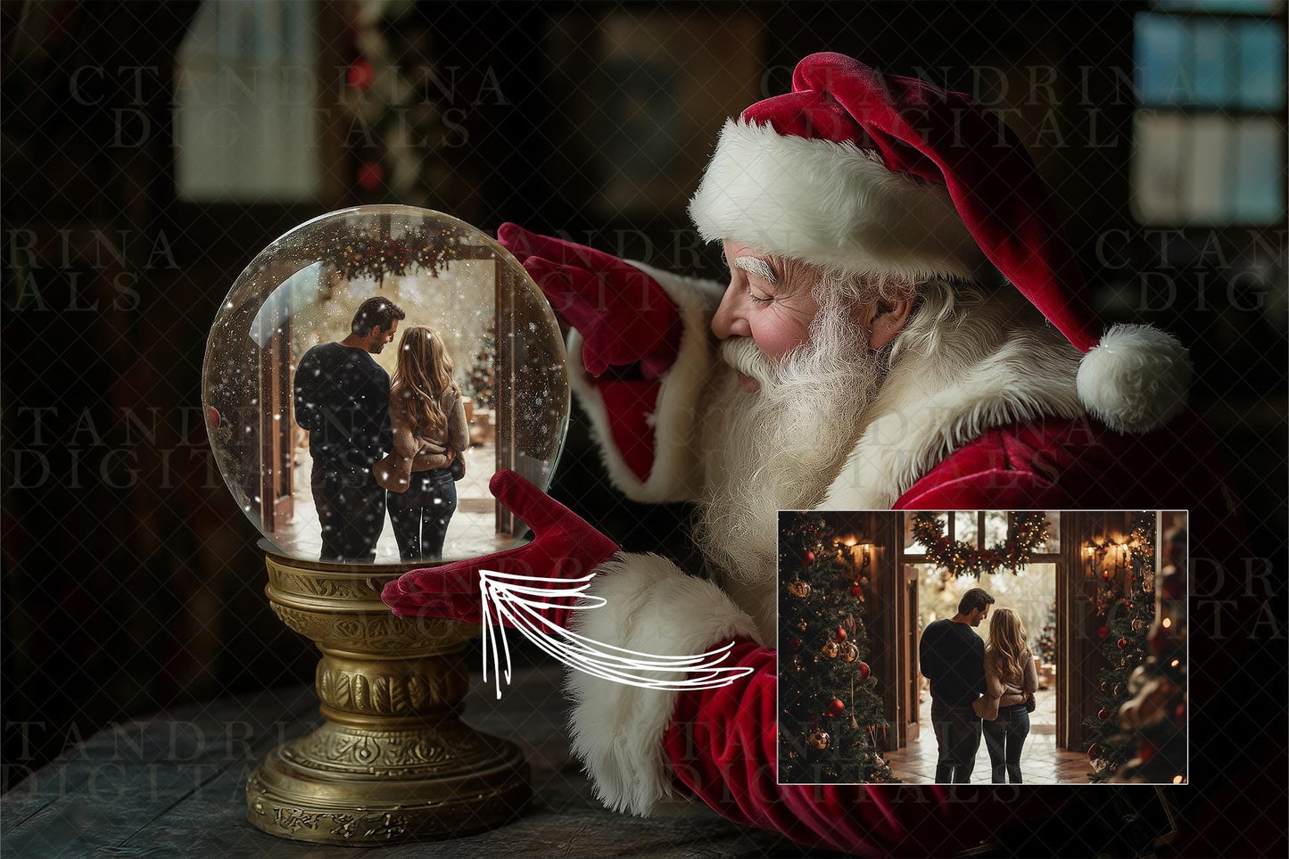 Snow Globe Digital Backdrop Photo Templates, Magical Santa Layered .PSD Photoshop Templates, Santa Snow Globe Christmas Backgrounds