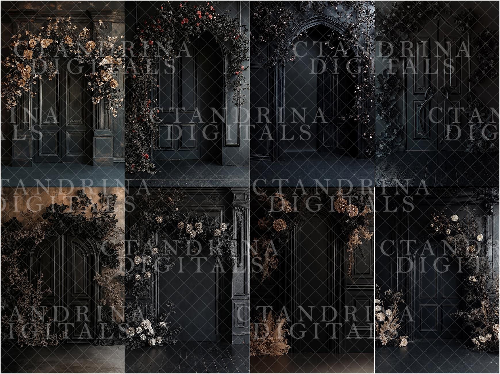 Black Floral Door Frame Digital Backdrops, Dark and Moody Digital Background, Maternity Digital Backdrops, Digital Backdrops for Photography