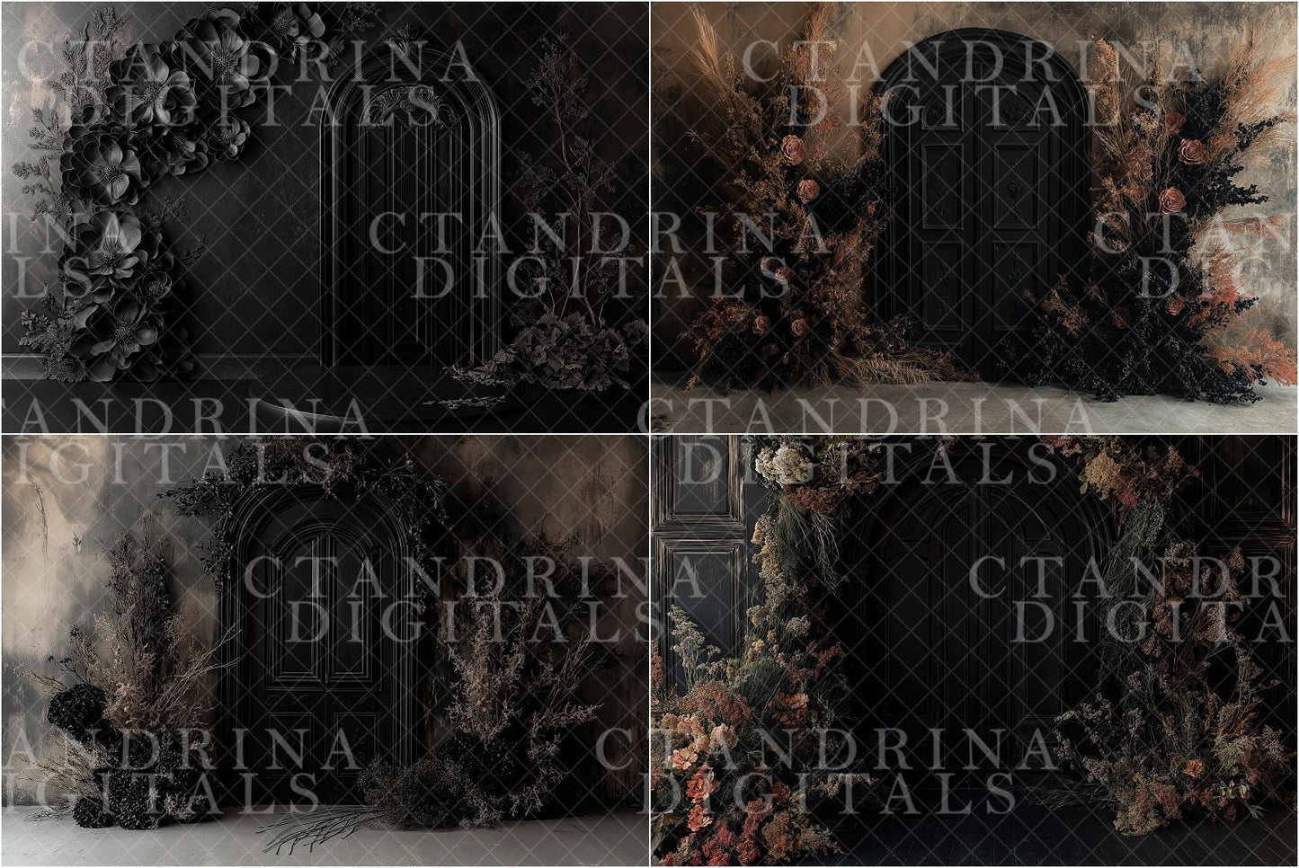 Black Floral Door Frame Digital Backdrops, Dark and Moody Digital Background, Maternity Digital Backdrops, Digital Backdrops for Photography