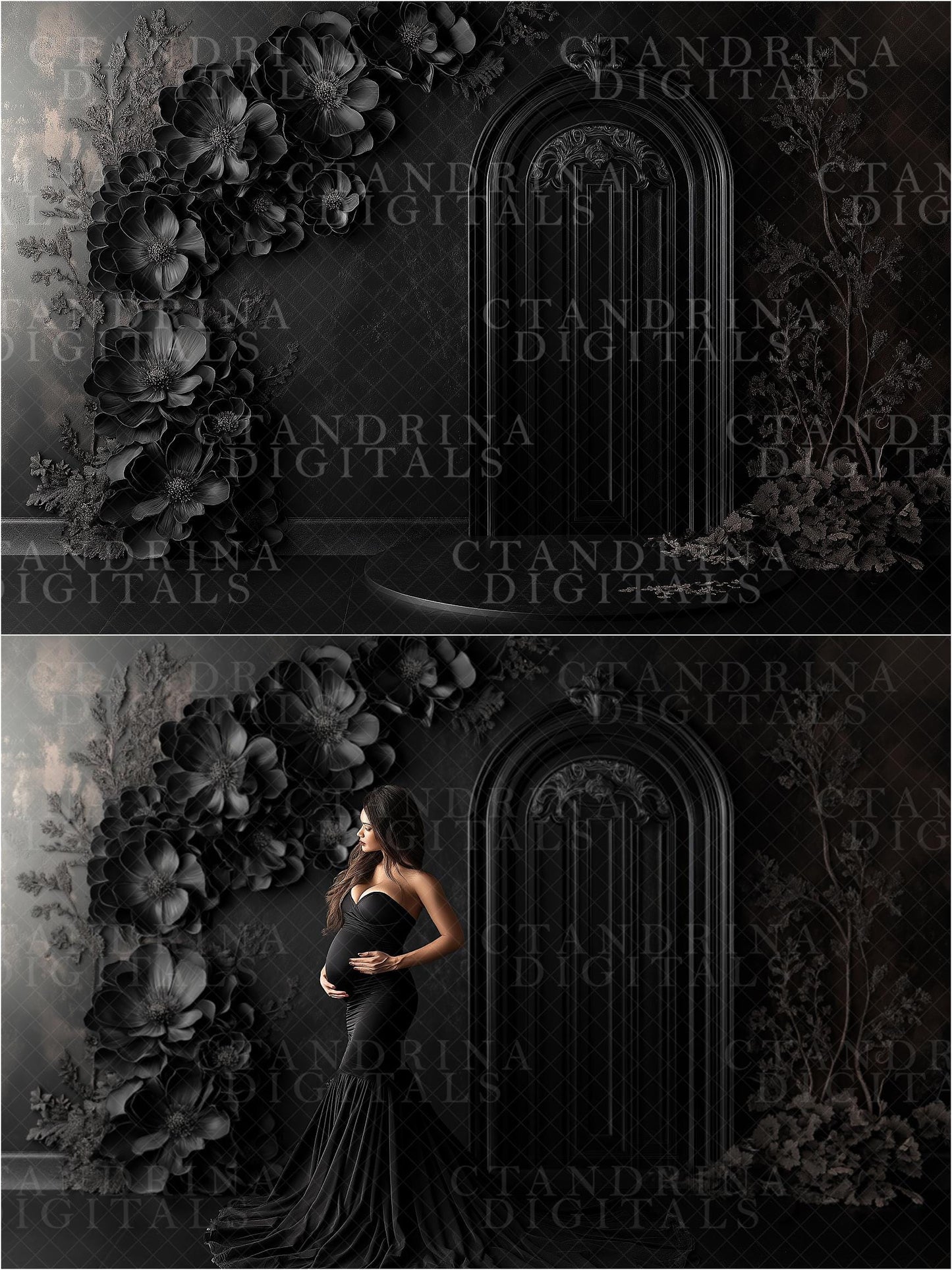 Black Floral Door Frame Digital Backdrops, Dark and Moody Digital Background, Maternity Digital Backdrops, Digital Backdrops for Photography