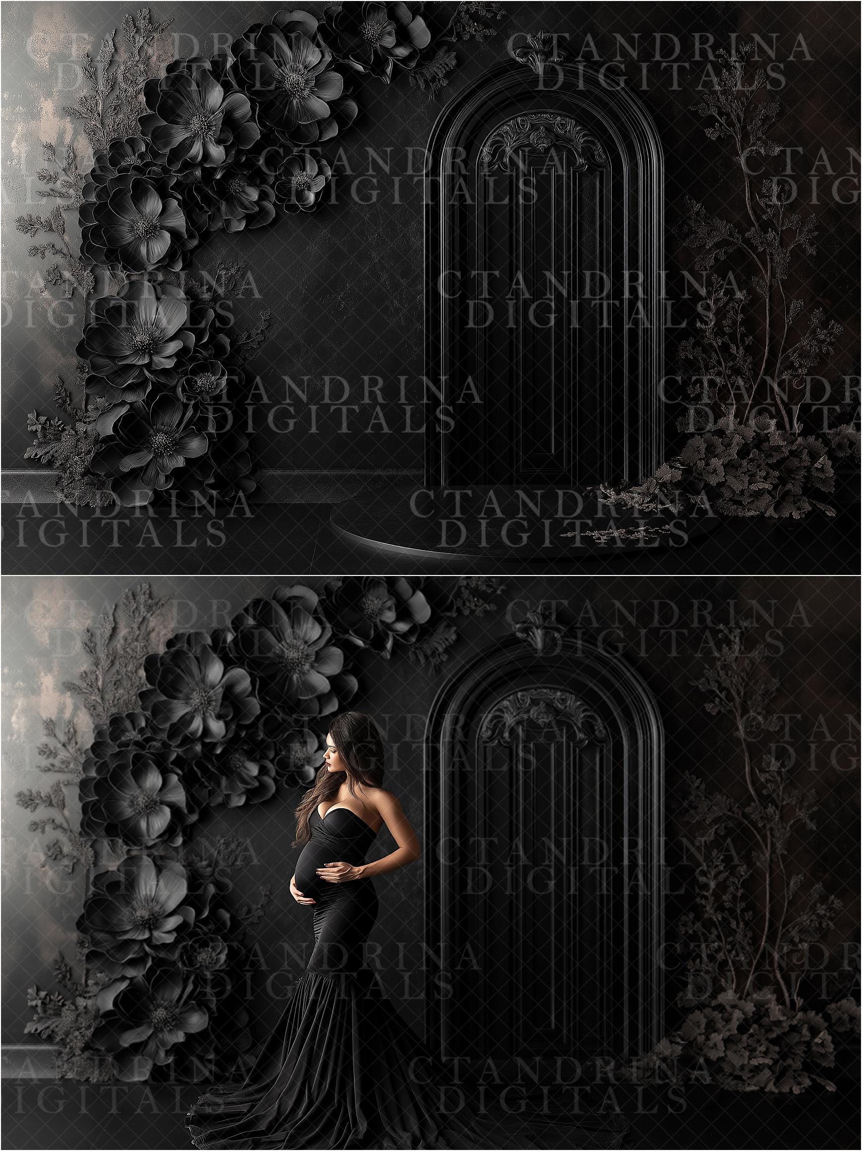 Black Floral Door Frame Digital Backdrops, Dark and Moody Digital Background, Maternity Digital Backdrops, Digital Backdrops for Photography
