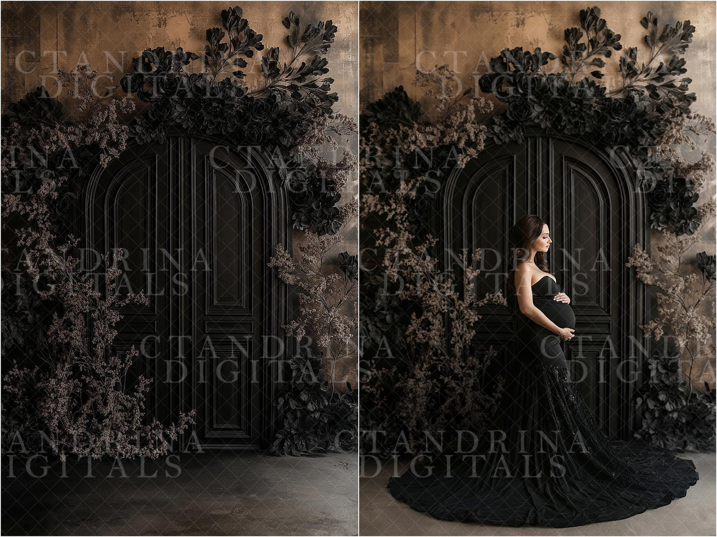 Black Floral Door Frame Digital Backdrops, Dark and Moody Digital Background, Maternity Digital Backdrops, Digital Backdrops for Photography