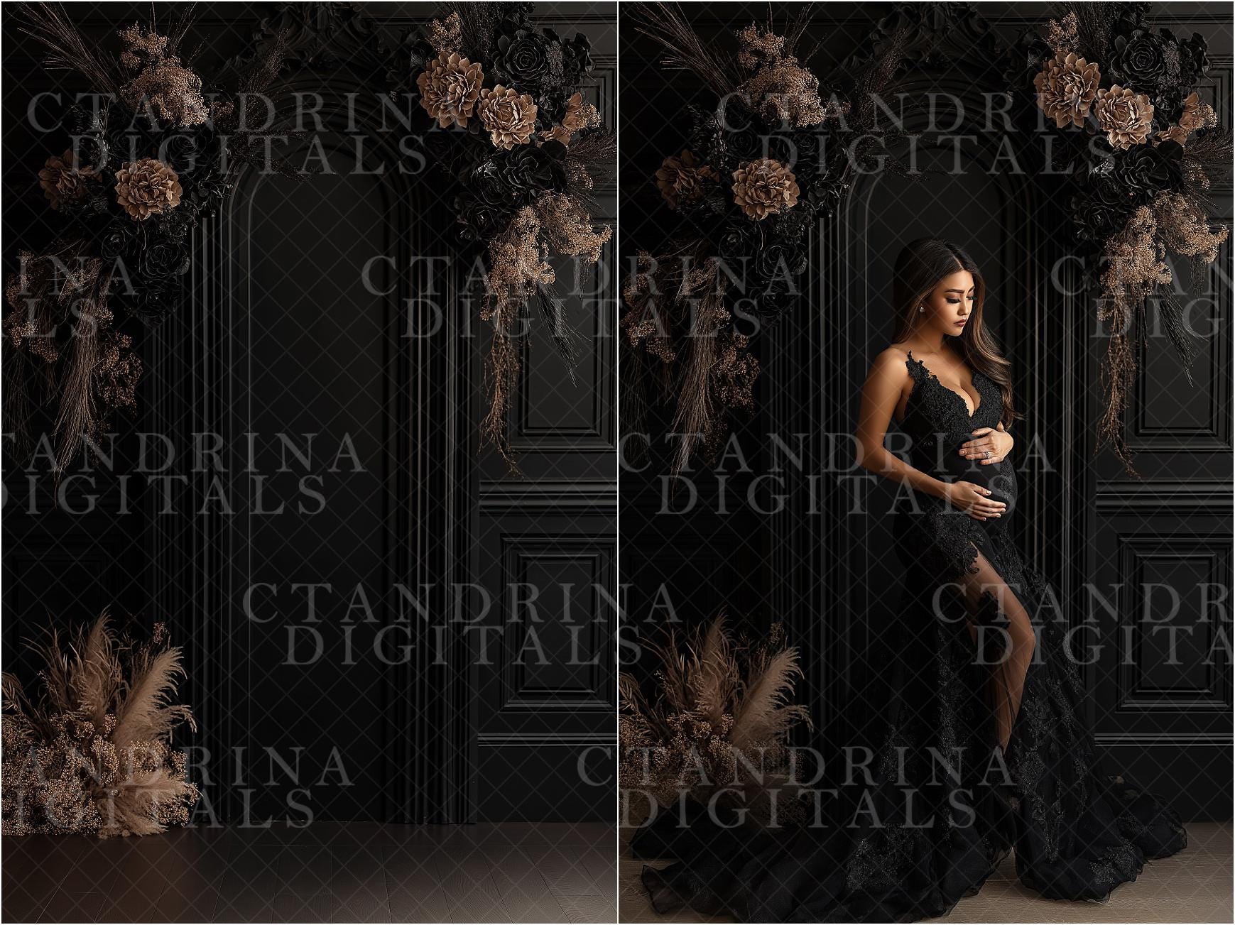 Black Floral Door Frame Digital Backdrops, Dark and Moody Digital Background, Maternity Digital Backdrops, Digital Backdrops for Photography