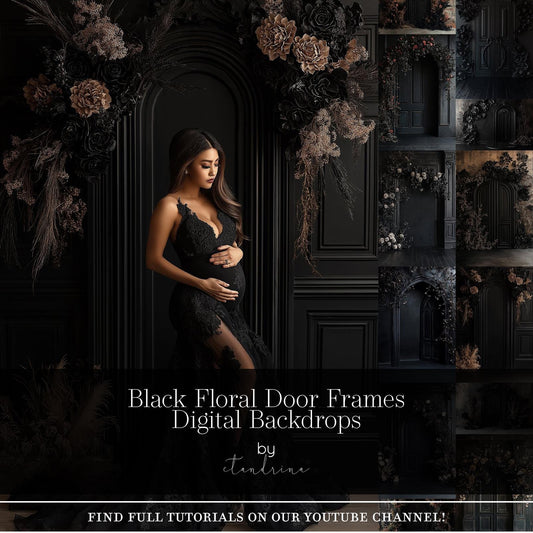 Black Floral Door Frame Digital Backdrops, Dark and Moody Digital Background, Maternity Digital Backdrops, Digital Backdrops for Photography
