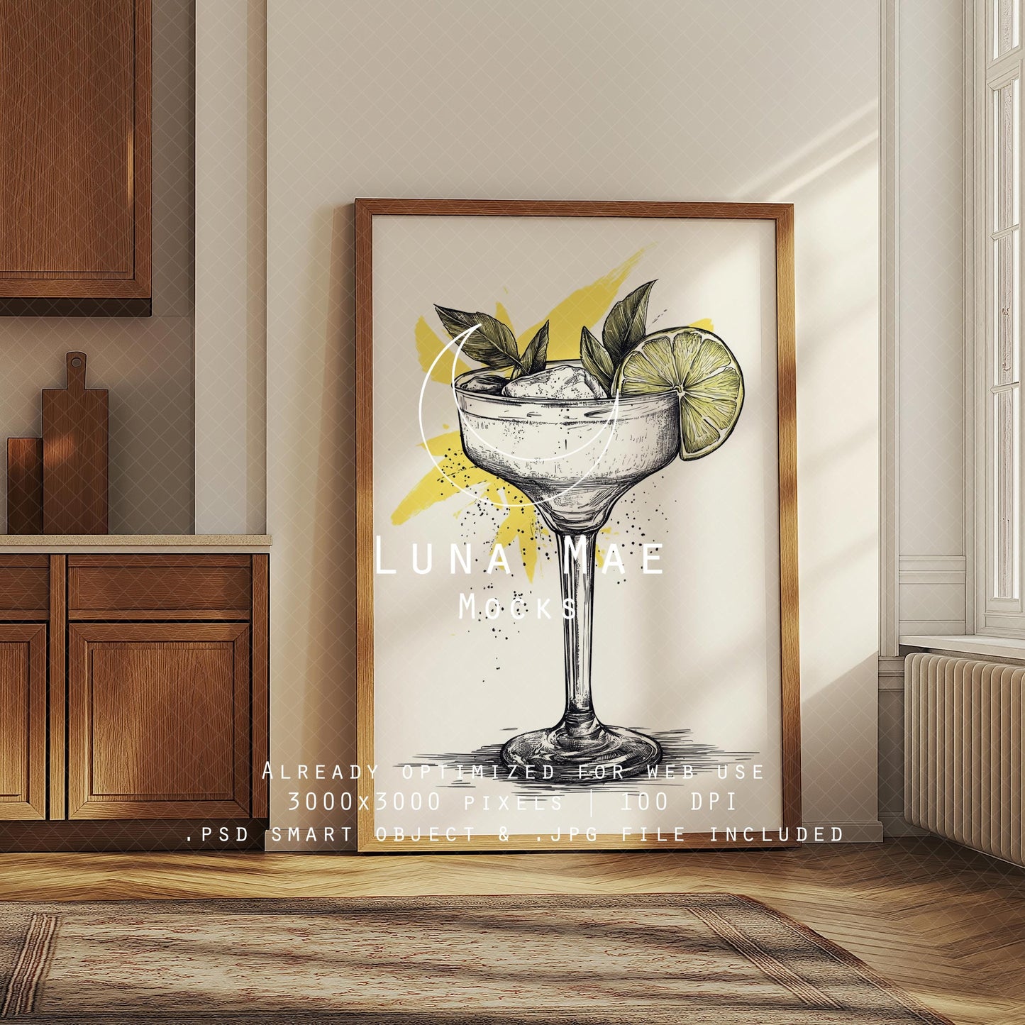 Vertical Frame Mockup, Kitchen Wall Art Mockup PSD & JPG, Interior Wooden Frame Mockup, Minimal Style Digital Print and Poster Shop Mockup