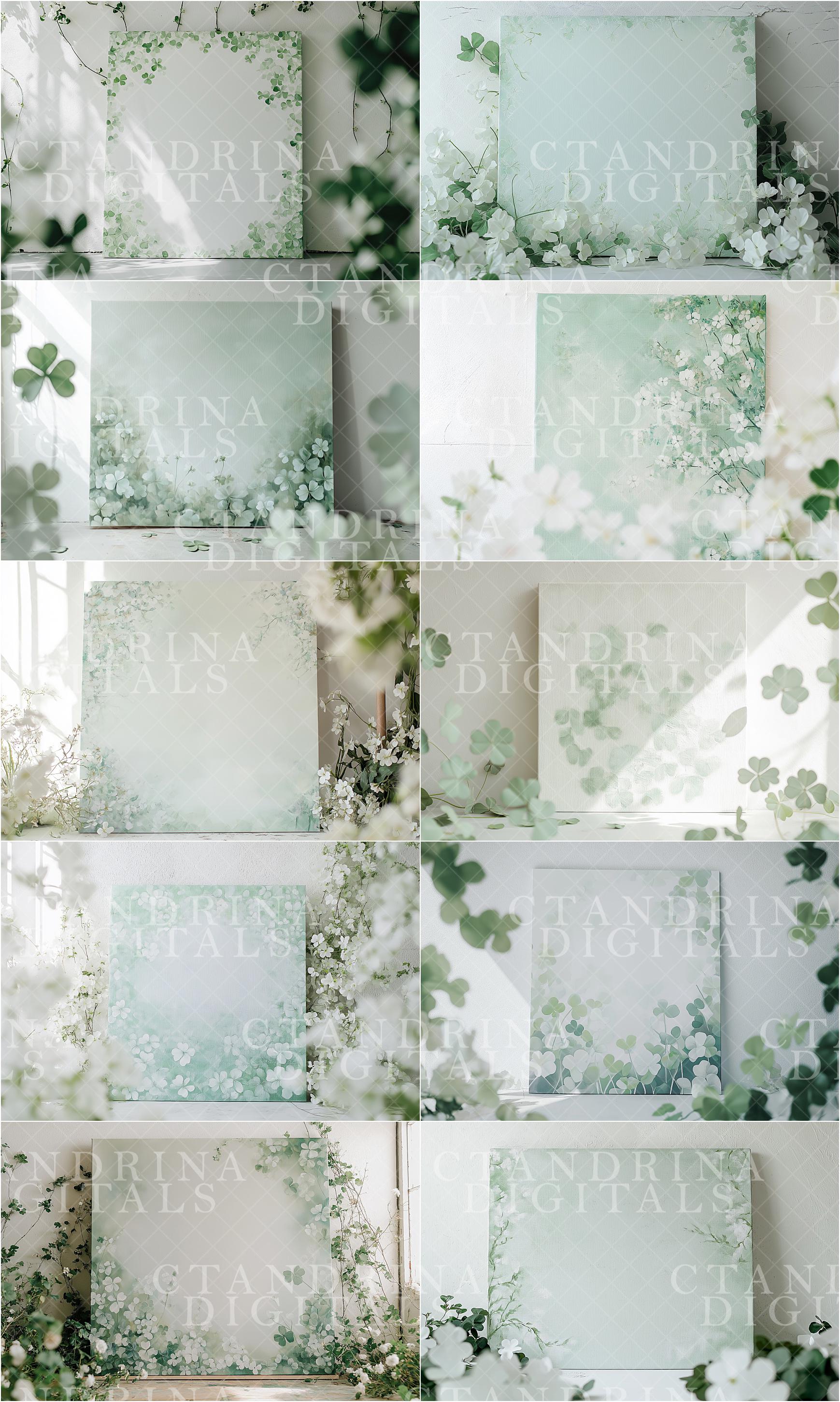 Shamrock & Floral Digital Backdrops, Flowers and Clovers Digital Backgrounds, Maternity Backdrops, Floral Canvas Backdrops for Photoshop