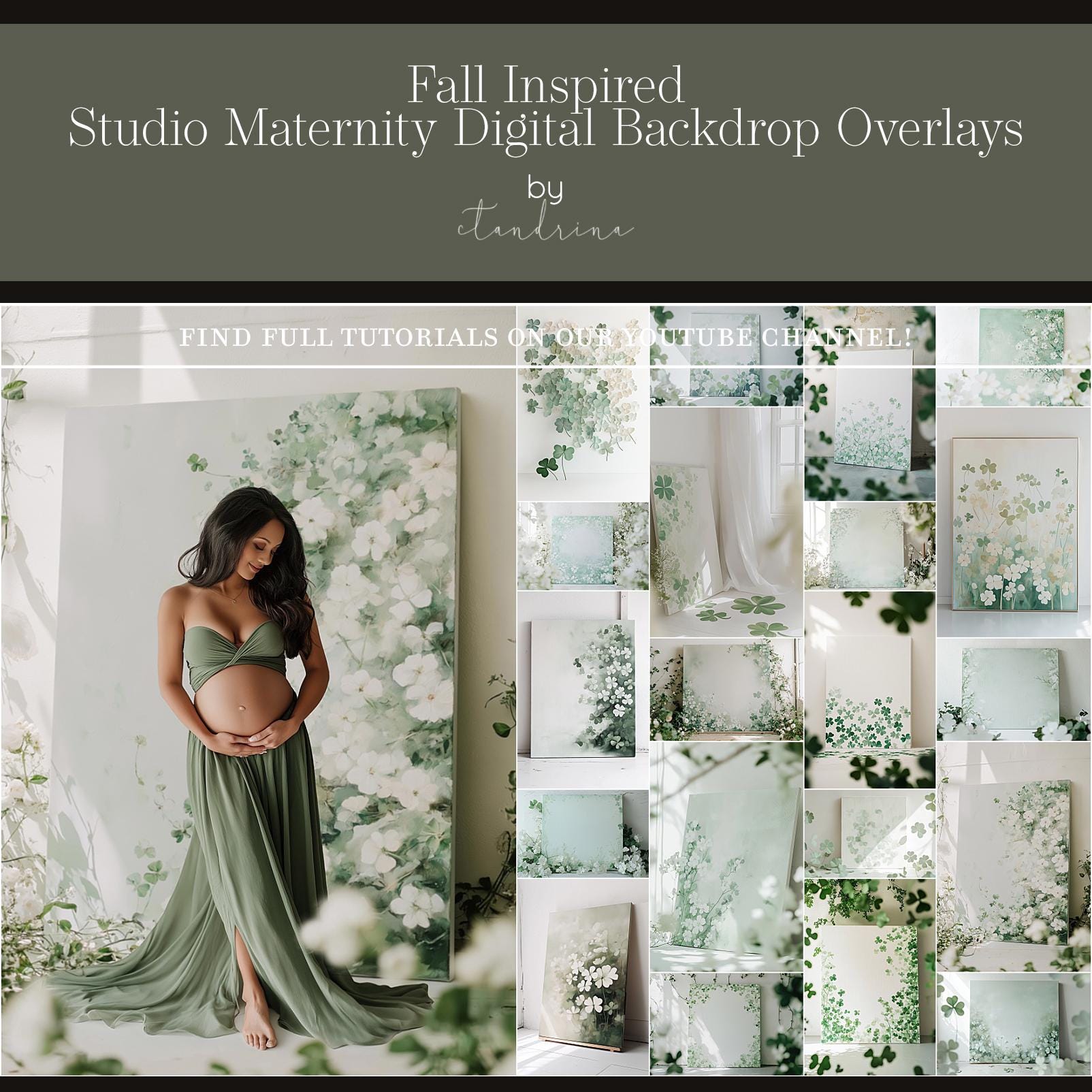 Shamrock & Floral Digital Backdrops, Flowers and Clovers Digital Backgrounds, Maternity Backdrops, Floral Canvas Backdrops for Photoshop