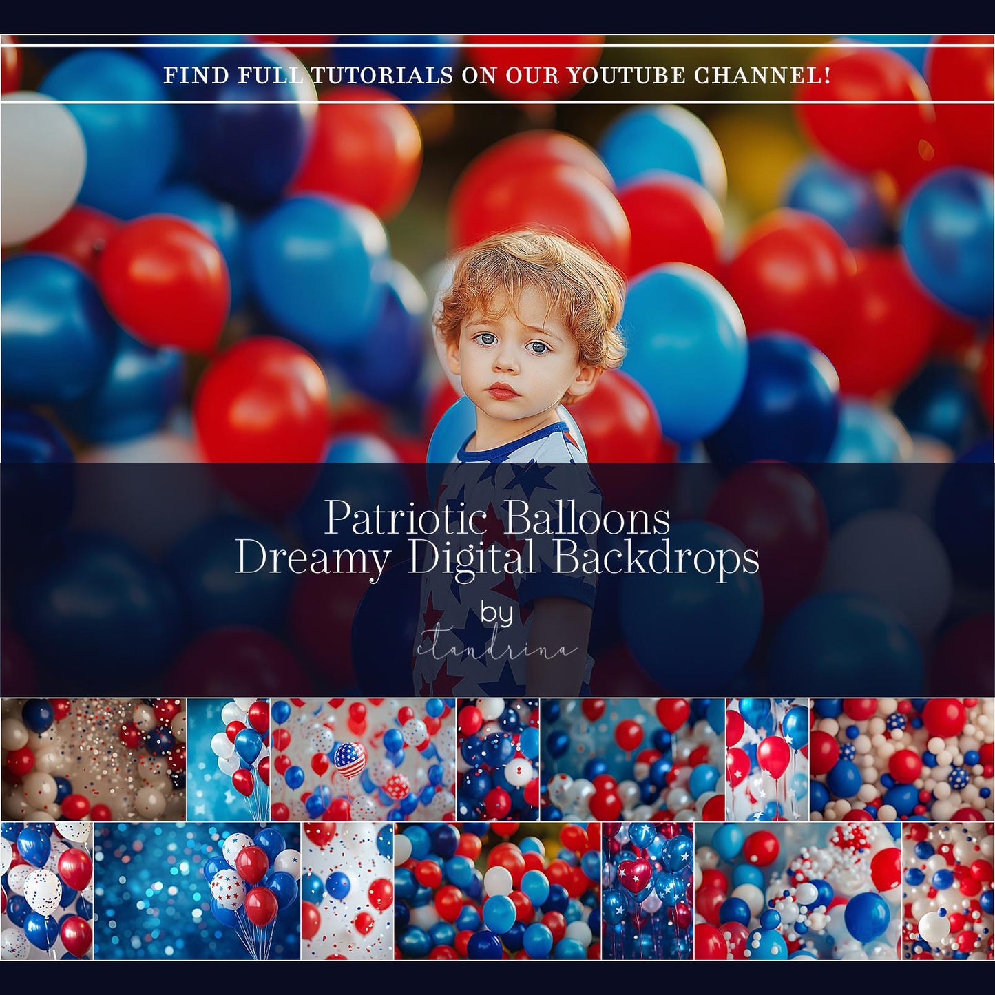 Dreamy Patriotic Balloon Digital Backdrops, Fourth of July Digital Backgrounds, Independence Day Digital Backdrops, Red White & Blue Digital
