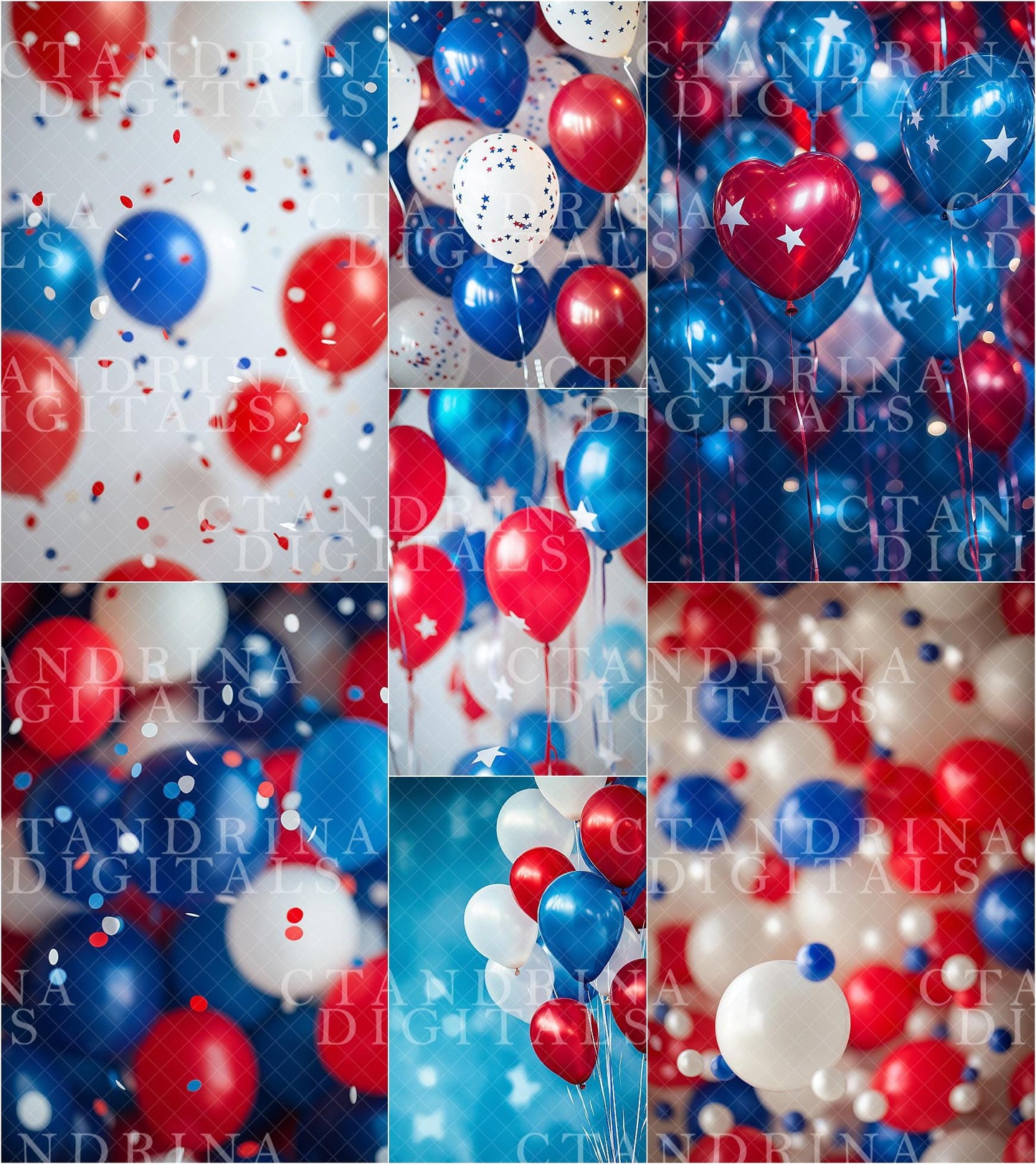 Dreamy Patriotic Balloon Digital Backdrops, Fourth of July Digital Backgrounds, Independence Day Digital Backdrops, Red White & Blue Digital