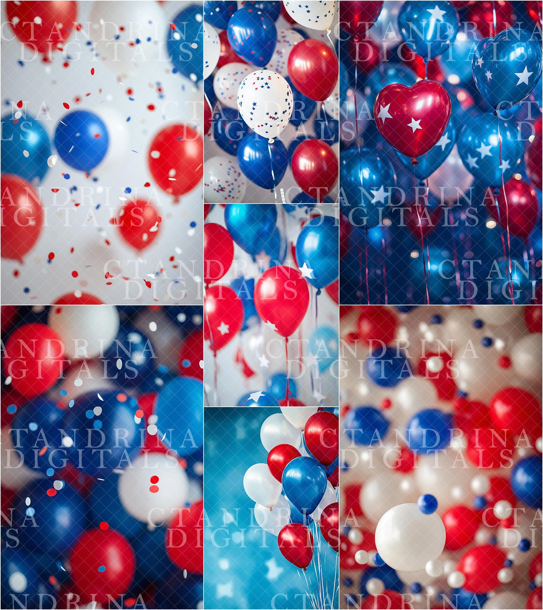 Dreamy Patriotic Balloon Digital Backdrops, Fourth of July Digital Backgrounds, Independence Day Digital Backdrops, Red White & Blue Digital