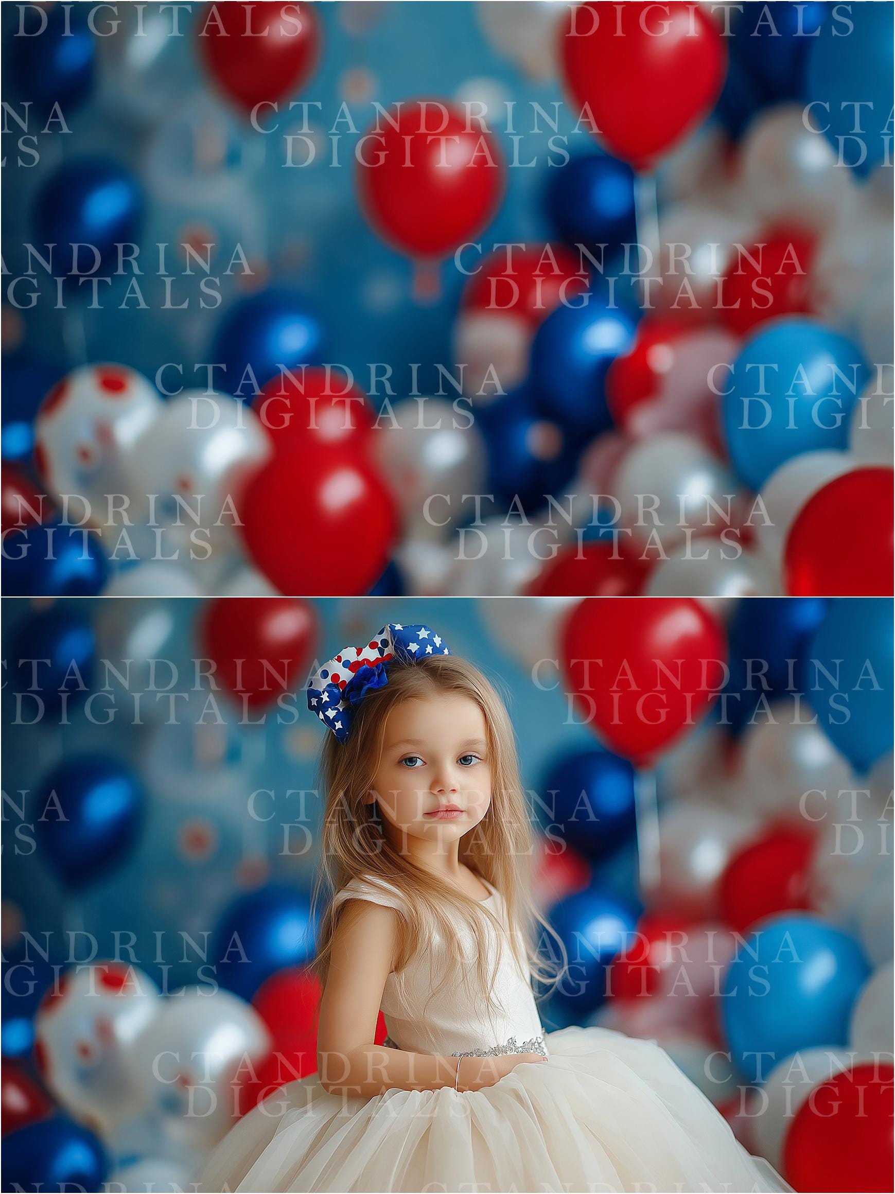 Dreamy Patriotic Balloon Digital Backdrops, Fourth of July Digital Backgrounds, Independence Day Digital Backdrops, Red White & Blue Digital