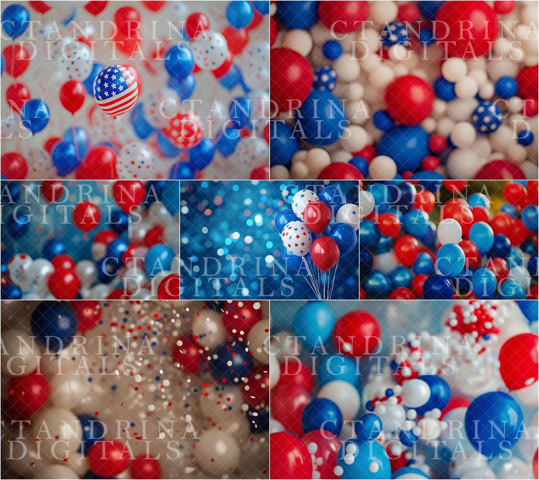 Dreamy Patriotic Balloon Digital Backdrops, Fourth of July Digital Backgrounds, Independence Day Digital Backdrops, Red White & Blue Digital