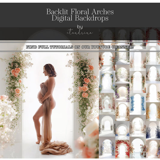 Backlit Floral Arch Digital Backdrops, Maternity Floral Arch Backgrounds for Photoshop, White Arch with Flowers Backgrounds for Composite